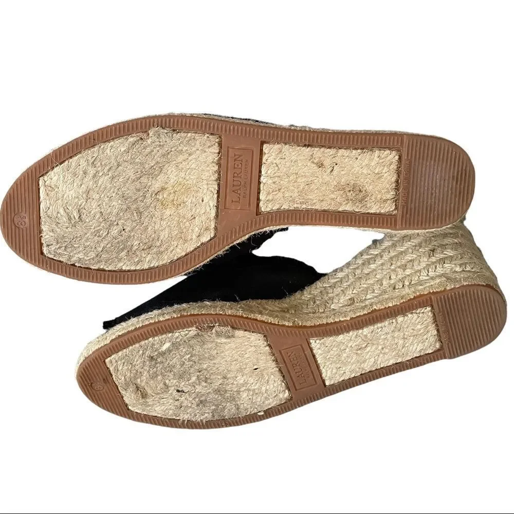 LAUREN RALPH LAUREN Black Linen Carlynda Wedge Espadrilles Sandals 8.5